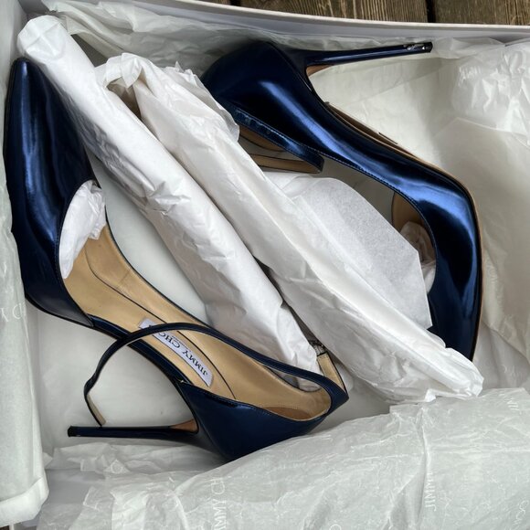 Jimmy Choo Lucy 100 Heels Metallic Denim Mirror Leather – Size 39.5 - Picture 9 of 10